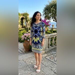 Donna Morgan Abstract Art Deco Print Shift Dress Blue & Citron 3/4 Sleeve Size10